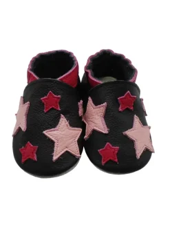 Leder Babyschuhe mit Sternenmuster, rutschfeste Sohle - schwarz
