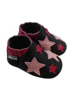 Leder Babyschuhe mit Sternenmuster, rutschfeste Sohle - schwarz