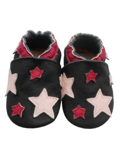 Leder Babyschuhe mit Sternenmuster, rutschfeste harte Sohle - schwarz