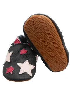Leder Babyschuhe mit Sternenmuster, rutschfeste harte Sohle - schwarz