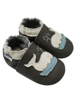 Leder Babyschuhe mit Wal-Muster, rutschfeste Sohle, schwarz