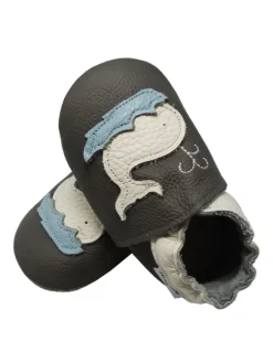 Leder Babyschuhe mit Wal-Muster, rutschfeste Sohle, schwarz