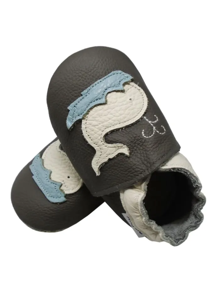 Leder Babyschuhe mit Wal-Muster, rutschfeste Sohle, schwarz