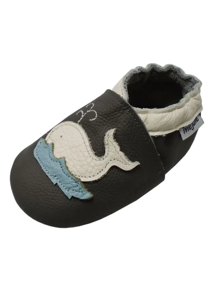 Leder Babyschuhe mit Wal-Muster, rutschfeste Sohle, schwarz