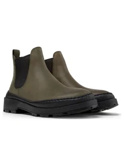 Leder-Chelsea-Boots in Khaki/ Schwarz