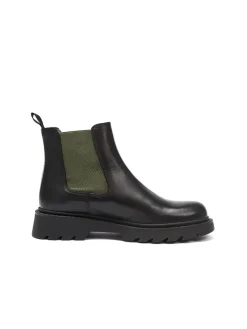 Leder-Chelsea-Boots in Schwarz/ Khaki