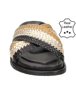 Leder-Hausschuhe in Beige/ Schwarz