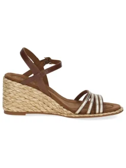 Leder-Keilsandaletten in Braun/ Gold