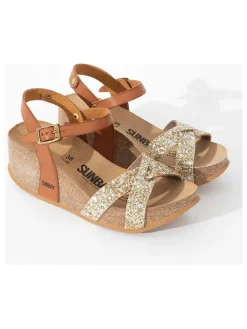 Leder-Keilsandaletten in Camel/ Gold