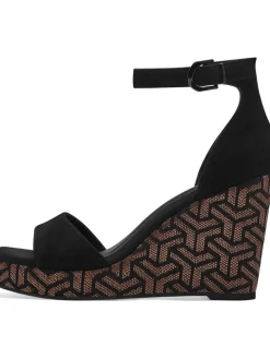 Leder-Keilsandaletten in Schwarz