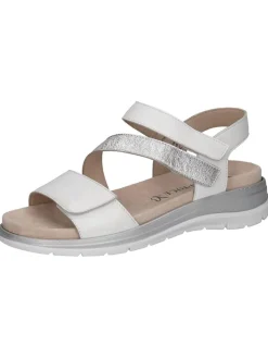 Leder-Keilsandaletten in Weiß/ Silber