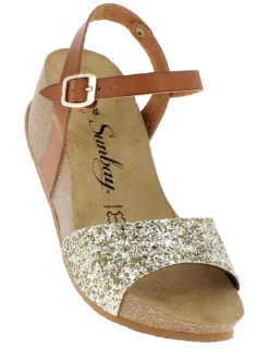 Leder-Keilsandaletten "Yucca" in Hellbraun/ Gold