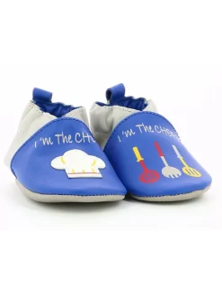 Leder-Krabbelschuhe "I am the Chef" in Blau/ Grau