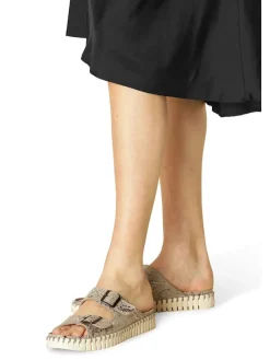 Leder-Pantoletten in Beige/ Gold