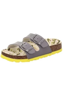 Leder-Pantoletten in Grau/ Gelb
