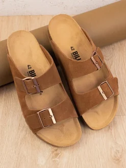 Leder-Pantoletten in Hellbraun