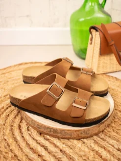 Leder-Pantoletten in Hellbraun