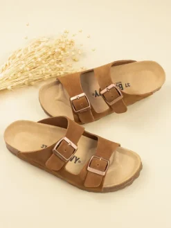 Leder-Pantoletten in Hellbraun