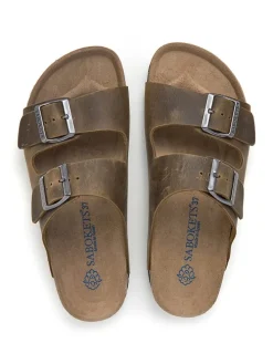 Leder-Pantoletten in Khaki