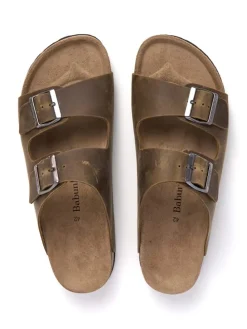 Leder-Pantoletten in Khaki