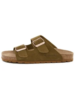 Leder-Pantoletten in Khaki