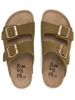 Leder-Pantoletten in Khaki