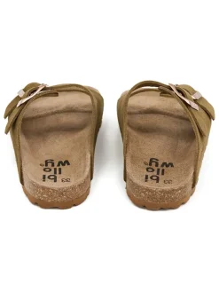 Leder-Pantoletten in Khaki