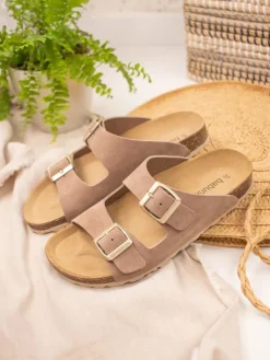 Leder-Pantoletten in Taupe