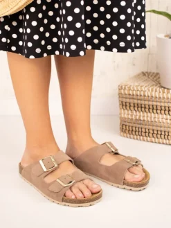 Leder-Pantoletten in Taupe