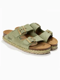 Leder-Pantoletten "Trefle" in Khaki