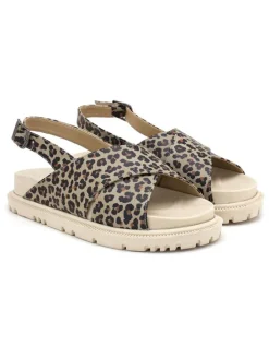 Leder-Sandalen in Beige/ Schwarz/ Dunkelbraun