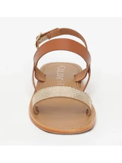 Leder-Sandalen in Hellbraun/ Gold