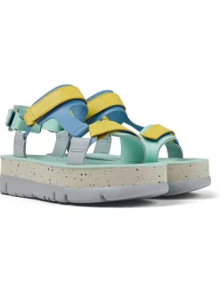 Leder-Sandaletten in Türkis/ Gelb/ Hellblau