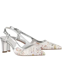 Leder-Slingpumps in Weiß/ Silber