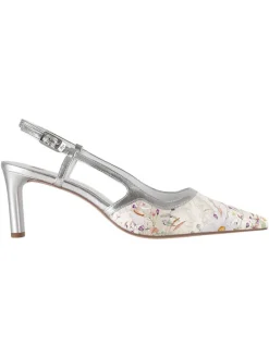 Leder-Slingpumps in Weiß/ Silber