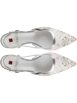 Leder-Slingpumps in Weiß/ Silber