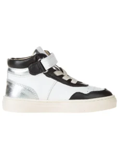 Leder-Sneakers in Weiß/ Schwarz/ Silber