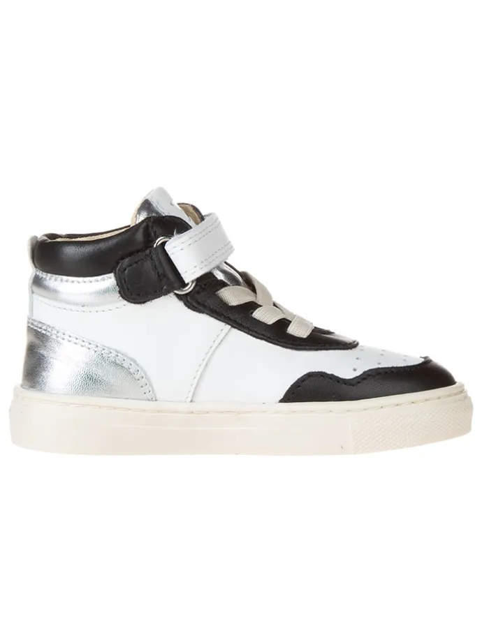 Leder-Sneakers in Weiß/ Schwarz/ Silber