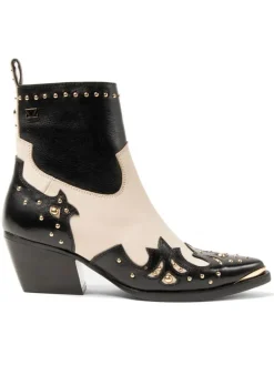 Leder-Stiefeletten in Creme/ Schwarz