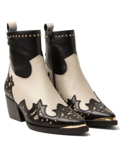 Leder-Stiefeletten in Creme/ Schwarz