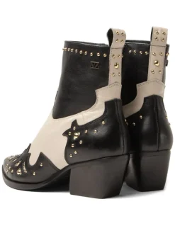 Leder-Stiefeletten in Creme/ Schwarz