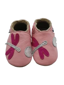 Rosa Baby-Laufanfänger aus echtem Leder, rutschfeste Sohlen – Libellen-Design