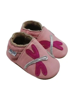 Rosa Baby-Laufanfänger aus echtem Leder, rutschfeste Sohlen – Libellen-Design