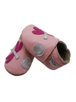 Rosa Baby-Laufanfänger aus echtem Leder, rutschfeste Sohlen – Libellen-Design