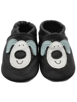Schwarze Baby Leder Krabbelschuhe, mit rutschfester Sohle – Hund-Muster