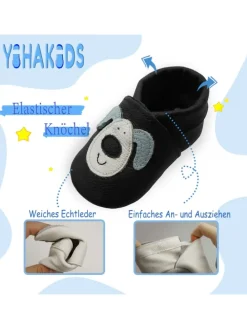Schwarze Baby Leder Krabbelschuhe, mit rutschfester Sohle – Hund-Muster
