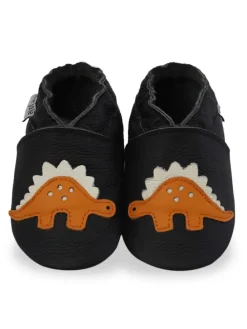 Schwarze Babyleder-Kleinkindschuhe, rutschfeste Sohle - Triceratops-Muster