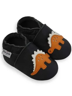 Schwarze Babyleder-Kleinkindschuhe, rutschfeste Sohle - Triceratops-Muster
