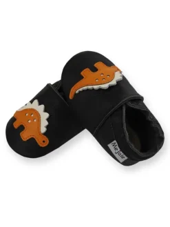 Schwarze Babyleder-Kleinkindschuhe, rutschfeste Sohle - Triceratops-Muster