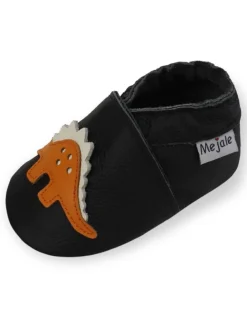 Schwarze Babyleder-Kleinkindschuhe, rutschfeste Sohle - Triceratops-Muster